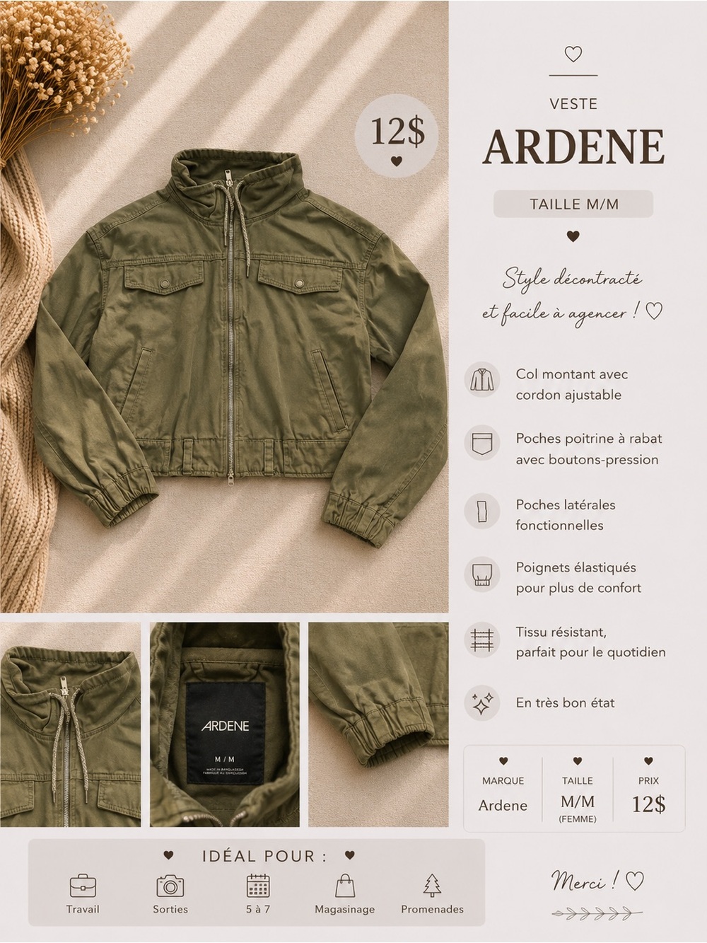 Ardene Olive Utility Zip-Up Cropped Jacket